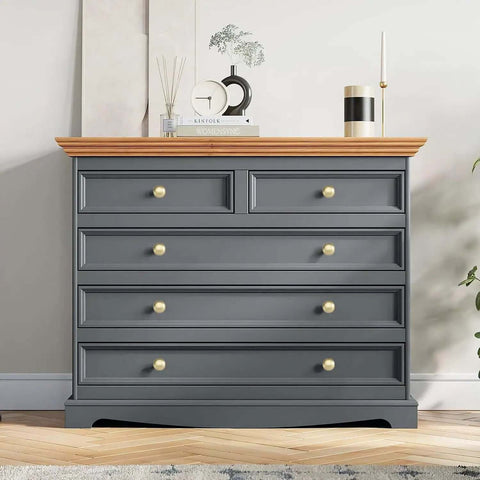 Two Pack Brushed Gold Cabinet Knobs 1-1/2 Inch Zinc Alloy With Installation Screws on gray dresser