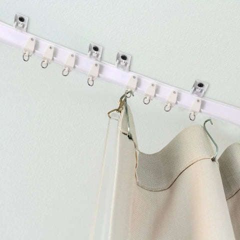 Flexible Curtain Track System Dope Bendable Ceiling Rail For Curved Walls And Wall Mount White 10 Meters Long Includes 80 Rollers 80 Hooks 30 Brackets For Living Room Bedroom RV Divider, white track with hooks on wall