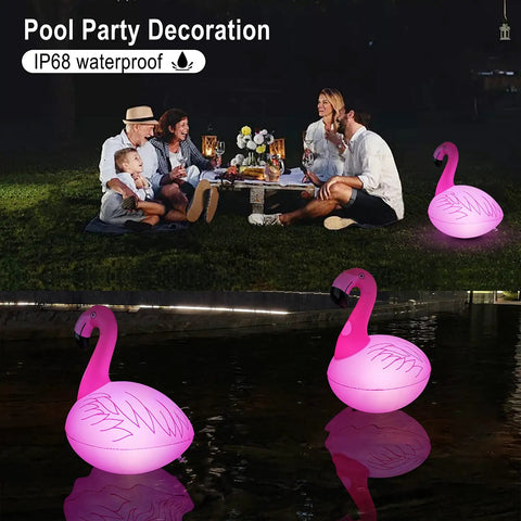 Family enjoying nighttime ambiance with Solar Flamingo Floating Pool Lights 4 Pack, Solar Powered LED Flamingo Lights at pool party.