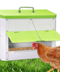 Heavy Duty Automatic Chicken Feeder With Weather Sealed Lid And Lockable Rodent Proof Door For Zero Waste Hanging Backyard Poultry Feed Hopper with chicken.