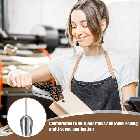 Woman using ice shovel for coffee beans, part of Four Piece Ice Tongs And Scoop Set For Ice Bucket Kit Stainless Steel Serving Tongs.
