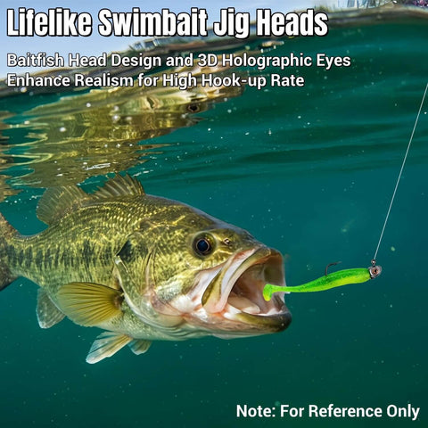 Fish approaching lifelike swimbait with 3D eyes bass jig heads for fishin and angling, visible underwater for saltwater fishing.