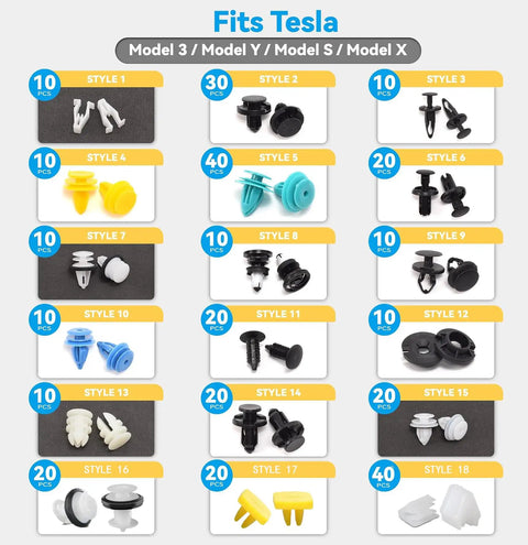 Tesla 325Pcs Push Retainer Clip Set With 18 Sizes for Model 3 Y S X, detailed view of various styles and sizes arranged in a grid
