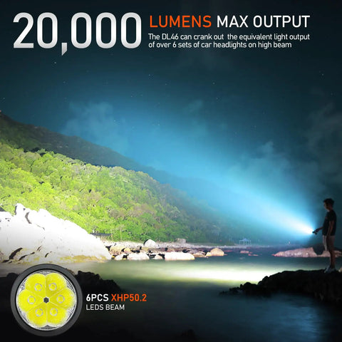 Person using DL46 Dive Light 20000 Lumen Scuba Flashlight by the ocean at night, illuminating landscape with 6 XHP50 LEDs.