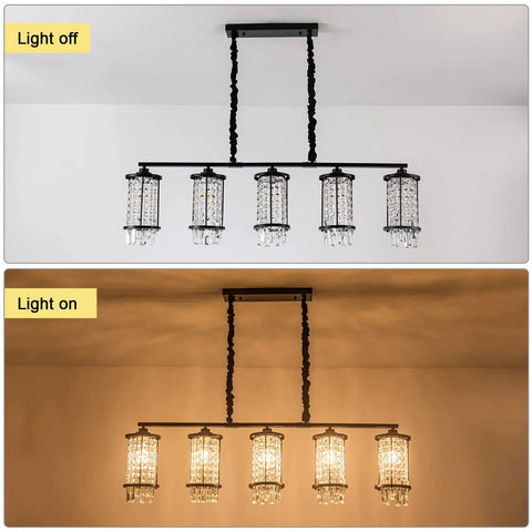 Five Light Modern Crystal Kitchen Island Pendant Light Black Metal Semi Flush Chandelier Height Adjustable Fixture.