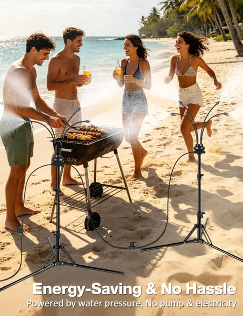 Outdoor Misting System for Patio and Yard, Adjustable 5.25 Foot Standing Mister with 26.5 Foot Line used on beachside BBQ