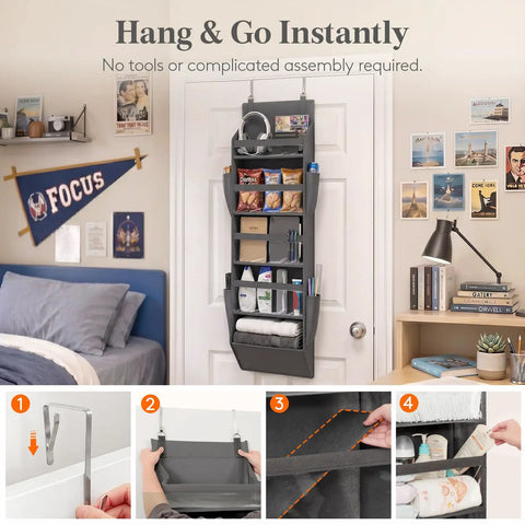 Heavy Duty Five Section Over The Door Hanging Organizer With Spacious Window Pockets And Side Bins For Closets Dorm Rooms Or Bathrooms In Dark Gray Space Saver Rack That Is A Straight Up Game Changer