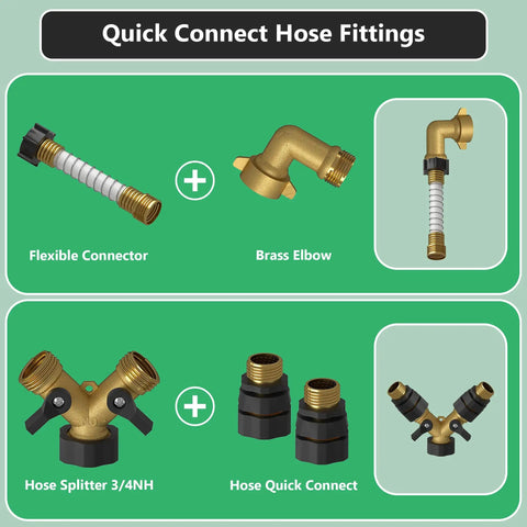 All In One Fresh Water Kit For RVs With Pressure Regulator Inline Filter Hose Splitter Brass Elbow Flexible Connector Quick Connects Leak Repair Kit And Carrying Case showing flexible connector, brass elbow, hose splitter, and quick connects.