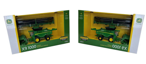 Two Pack 1/64 Scale X9 1000 Combines Die Cast With Clear Windows HD50F Draper Head And Folding C16F Corn Head Boxed Set