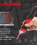 Hand holding Cordless Soldering Iron Kit 4V Rechargeable with 2000mAh Lithium Battery, rapid heat up, graphic showing temperature