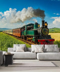 Self Adhesive Train Wall Mural With Steam Locomotive Design, Dope 3D Depth Embossed Texture, Big 12Ft By 8Ft Wallpaper Backdrop In Living Room