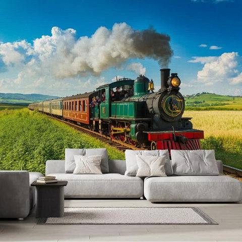 Self Adhesive Train Wall Mural With Steam Locomotive Design, Dope 3D Depth Embossed Texture, Big 12Ft By 8Ft Wallpaper Backdrop In Living Room