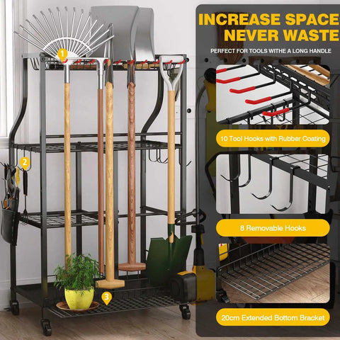 Beefy Garage Organizer With Wheels Large Capacity Garden Tool Storage Rack Heavy Duty Steel Outdoor Shed Organizer with tools