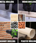 COMOWARE 246-piece drill bit set for cordless drills; collage shows four drilling types: metal, wood, masonry, plastic.
