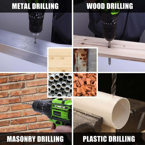 COMOWARE 246-piece drill bit set for cordless drills; collage shows four drilling types: metal, wood, masonry, plastic.