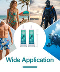 Heavy Duty Wetsuit Repair Glue And Waterproof Sealant For Dive Gear Upkeep shown with divers and swimwear.