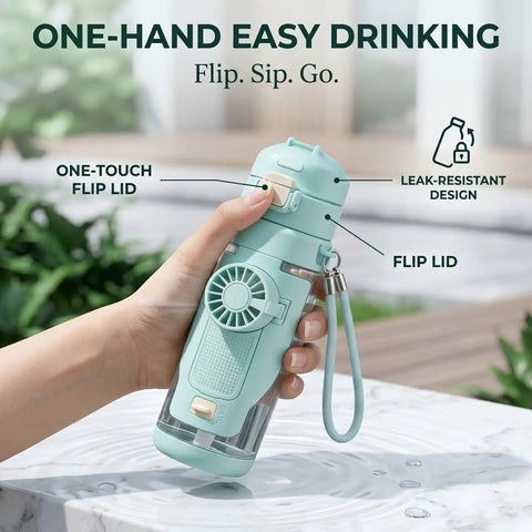 2-In-1 Hydration Bottle With Built-In Foldable Cooling Fan, 23 Oz Portable Dual Drinking Cup with flip lid in hand