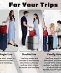 Two Pack Luggage Straps For Suitcases shown in single, double, and family use modes, connecting three bags with T type and flat belt.
