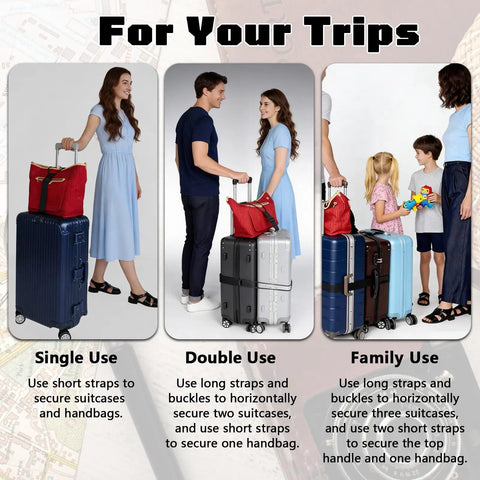 Two Pack Luggage Straps For Suitcases shown in single, double, and family use modes, connecting three bags with T type and flat belt.