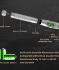 Exploded-view, two-piece visual fault locator for fiber optics with aluminum pen body; shows battery cover and dust cap.