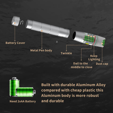 Exploded-view, two-piece visual fault locator for fiber optics with aluminum pen body; shows battery cover and dust cap.