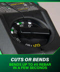 Close-up of dial on Badass Cordless Rebar Bender and Cutter for adjusting cuts and bends on #5 rebar.