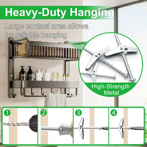 Diagram showing installation of Drywall Anchors And Screws Kit 165Pcs With Heavy Duty Toggle Bolts on wall shelf