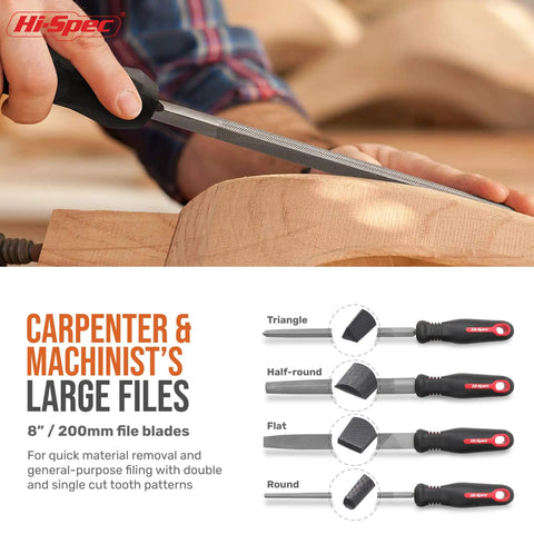 Person using a Pro Grade 17 Piece Metal Hand And Needle File Set With 12 Inch Flat, Half Round, Round And Triangle Files In Zip Case T12 Carbon Steel for deburring wood