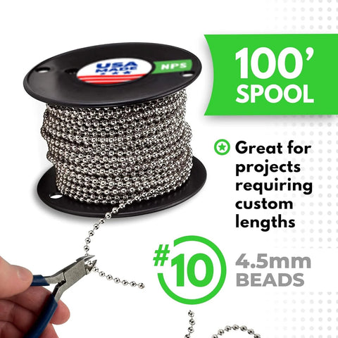 Ten Ball Chain Spool 100 Feet Nickel Plated Steel Beaded Chain For Pull Chain Jewelry Crafts Labeling Industrial DIY Dog Tag Uses