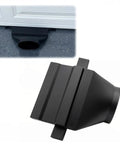Under Garage Door Exhaust Vent With 6 Inch Duct Hose Adapter shown installed under a garage door and side angle view of vent