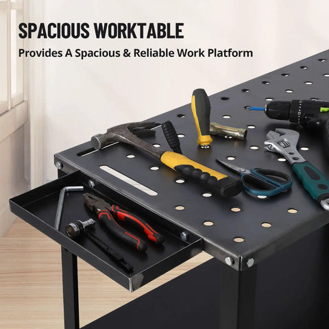Heavy Duty Steel Welding Table Rock Solid Workbench Delivering Knockout Stability And A Massive 1200 Pound Weight Limit 36 X 19 Inch Surface with tools organized on the surface.