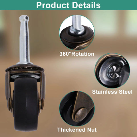 Antique Brass Swivel Casters Set Of 4 With Rubber Wheels For Furniture Cabinets And Sofas, product details showing 360° rotation and stainless steel stem.
