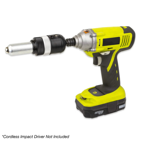 Cordless drill with One Quarter Inch Hex Shank Blind Rivet Adapter Kit attached, illustrating use as a power pop riveter.