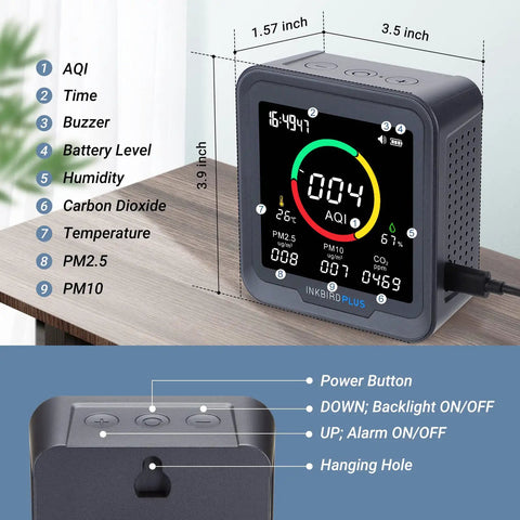 Keeps Tabs On Your Indoor Air Quality With A Six In One Monitor CO2 PM25 PM10 AQI Temperature And Humidity on a desk with dimensions
