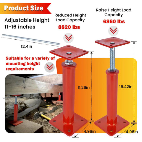 Beefy 4 Pack Adjustable House Jacks For Leveling 11 To 16 Inch Height Range 8820 Lbs Capacity Per Jack Galvanized, shown in use.