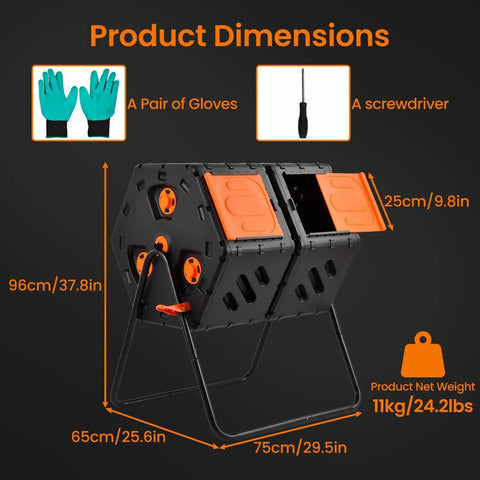 170L Outdoor Compost Tumbler With Ventilation System, dual chamber, black and orange, dimensions and included gloves and screwdriver