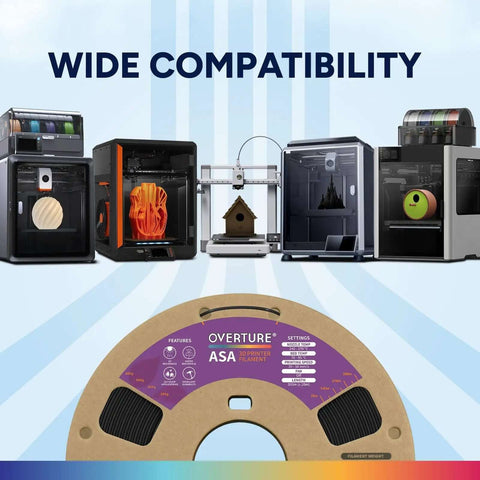 ASA 3D Printer Filament 1.75mm, 1 Kg Spool shown with various 3D printers for outdoor-ready, anti-UV, weather-resistant prints.