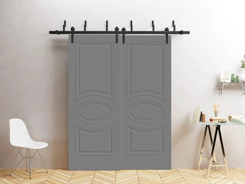 Grey painted sliding barn bypass closet doors 84 by 96 inches with 8ft rails in modern bedroom setting