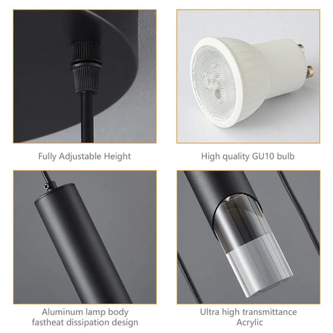 Close-up of Cool Modern Dimmable LED Pendant Light Fixture in Black, featuring GU10 bulbs and clear acrylic columns.