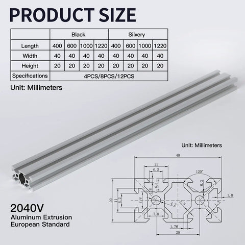 Eight 1000mm 2040 V Slot Aluminum Extrusion Profiles Silver, 6063 T5 Anodized For DIY CNC Robotic Frames And Modular Projects