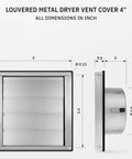 Diagram showing dimensions of 4 Inch Outdoor Stainless Steel Dryer Vent Cover With Moving Flaps Rust Resistant Exterior Grille