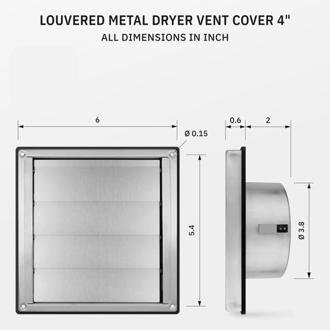 Diagram showing dimensions of 4 Inch Outdoor Stainless Steel Dryer Vent Cover With Moving Flaps Rust Resistant Exterior Grille