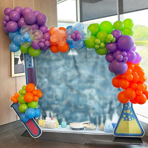 Epic Balloon Arch Kit 122 Pcs Colorful Balloon Garland Set In Purple Dark Blue Green Orange Transparent For Boys Science Birthday Party Lab Scientist Classroom Decorations around lab-themed props.