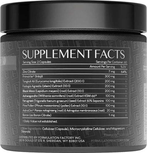 Supplement facts label for Self Obsessed Maxxed 10-In-1 Men's Vitality Formula with PrimaVie Shilajit, Tongkat Ali, KSM-66.