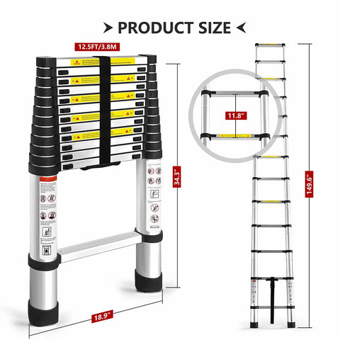 Heavy Duty 12.5 Foot Telescoping Aluminum Ladder With Extendable Reach For Home And Outdoor Projects, Retracted and Extended View