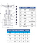 Technical diagram of Stainless Steel Gate Valve SS316 with parts list and dimensions for water, oil, gas up to 200 PSI.