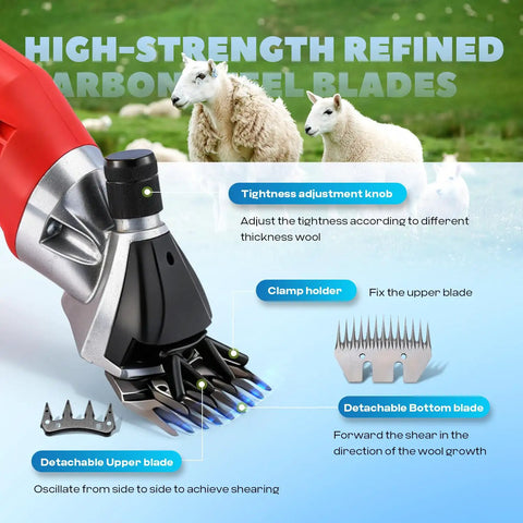 Heavy Weight Electric Sheep Shears Featuring 1200W Motor And 3800 Rpm Output with adjustable carbon steel blades and tightness knob.
