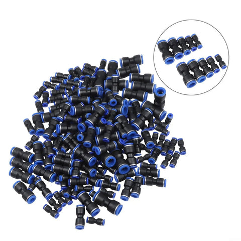 Versatile Quick Connect Air Hose Fitting Kit Push To Connect Pneumatic Coupler Tools For 4mm To 12mm And 1/8 To 1/2 Inch Diverse Tasks Nickel Plated Brass Build Resists Harsh Workshop Grime Effortless Operation With Circular Release Ring. Black push-to-connect air hose fittings with blue rings, assorted sizes shown