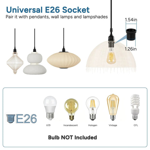 Universal E26 Socket showcased with different types of pendant lights, highlighting compatibility for various bulbs.