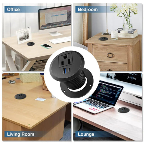 2 Inch Desk Power Grommet Outlet With USB C And USB A Recessed Power Strip For Office And Home 20W PD Fast Charge installed in desks